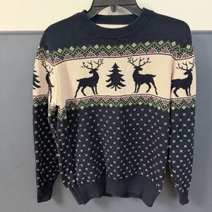 Aspen Reindeer Fair Isle Sweater Mens S Navy Blue Cotton Holiday Nordic Winter